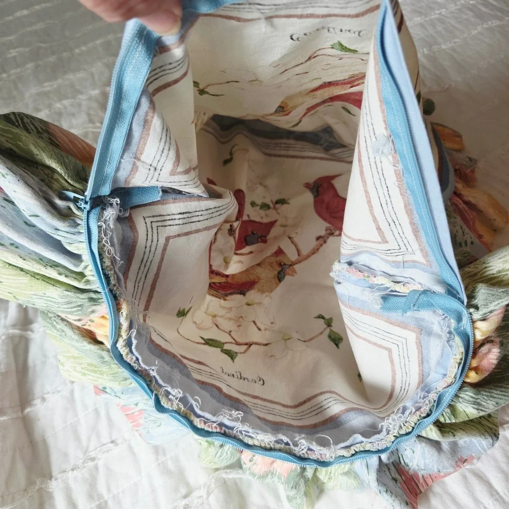 Handmade Cardinal Bird Throw Pillow Cover 21x21 Ruffle Edge Zipper Vintage